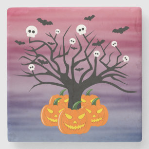 Halloween Pumpkin Jack o’ Lantern Dead Tree Stone Coaster