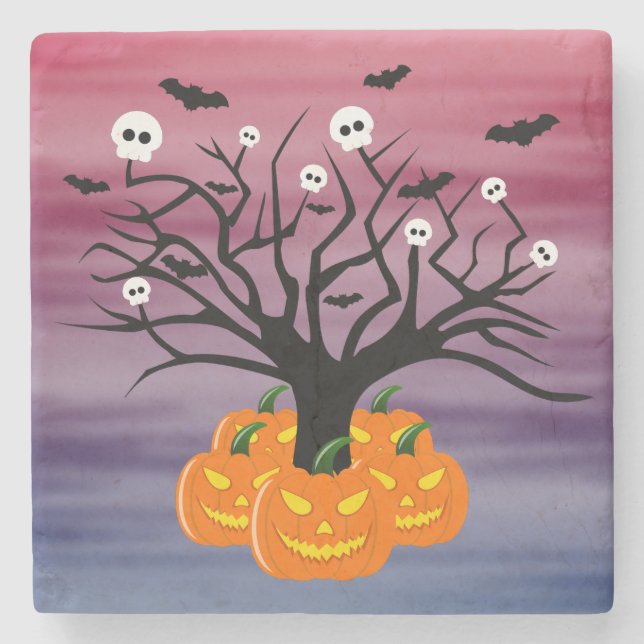 Halloween Pumpkin Jack o’ Lantern Dead Tree Stone Coaster (Front)