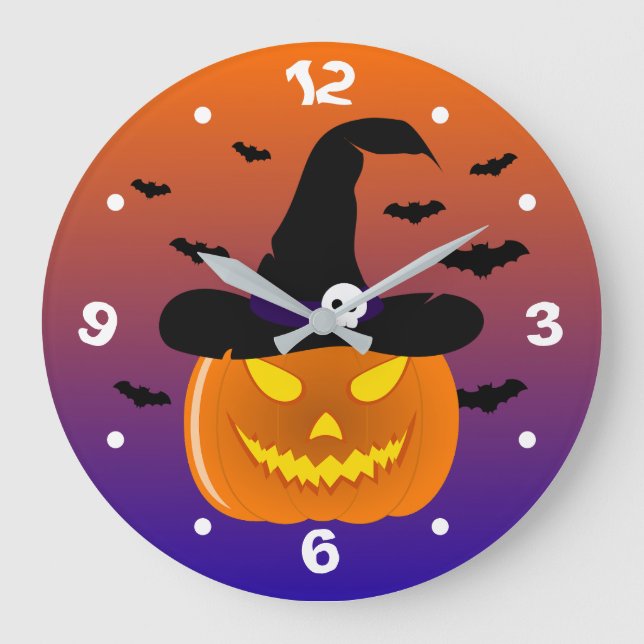 Halloween Pumpkin Jack o’ Lantern Witch Hat Large Clock (Front)