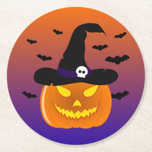 Halloween Pumpkin Jack o’ Lantern Witch Hat Round Paper Coaster