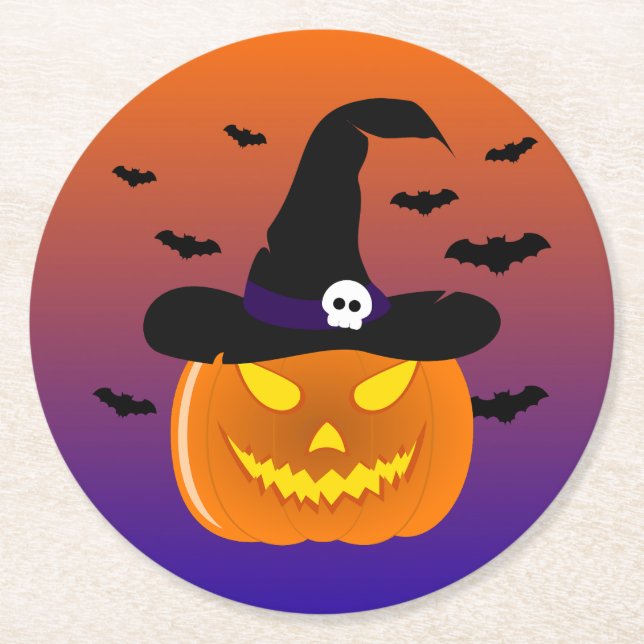 Halloween Pumpkin Jack o’ Lantern Witch Hat Round Paper Coaster (Front)