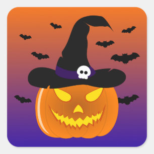 Halloween Pumpkin Jack o’ Lantern Witch Hat Square Sticker