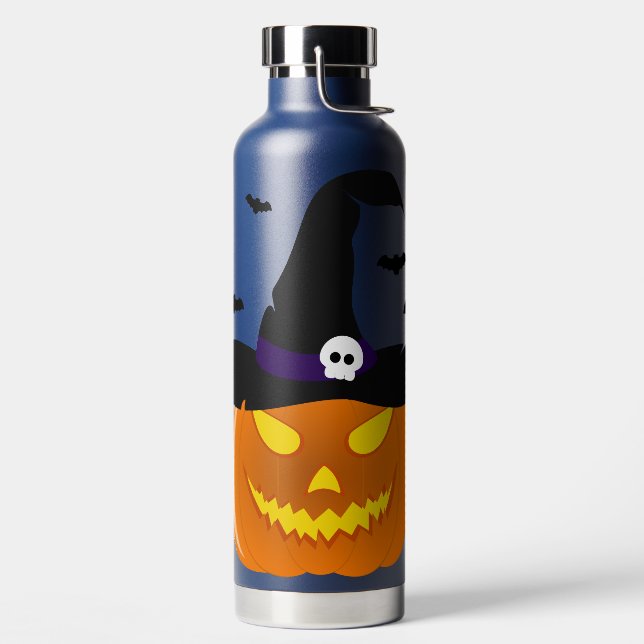 Halloween Pumpkin Jack o’ Lantern Witch Hat Water Bottle (Left)