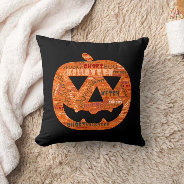 Halloween Pumpkin Jack-o'-Lantern Word Cloud Black Cushion (Blanket)