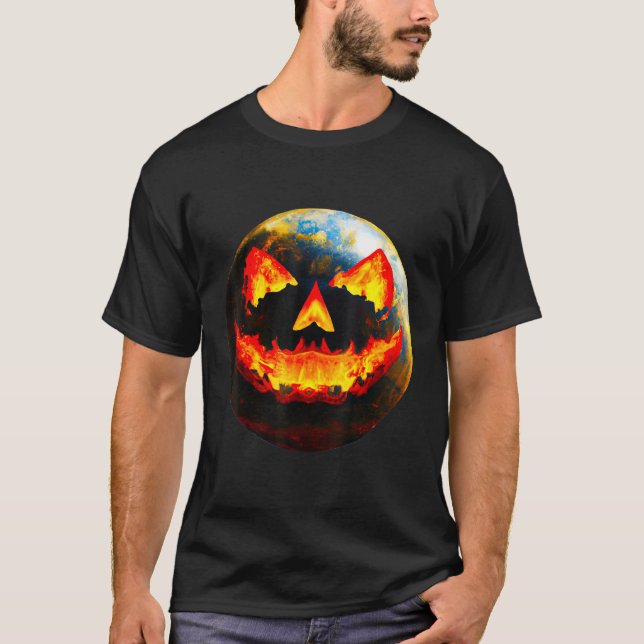 Halloween Pumpkin Jackoantern Spooky face Earth fr T-Shirt (Front)