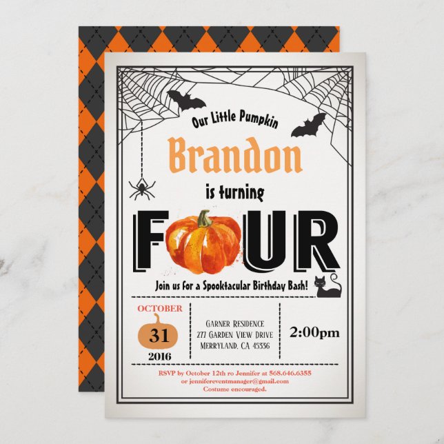 Halloween pumpkin kids 4th birthday party invitation (Front/Back)