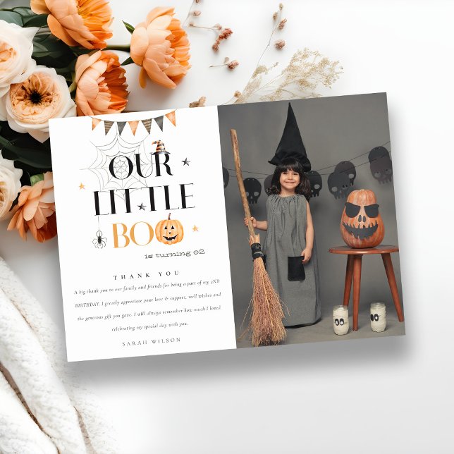 Halloween Pumpkin Little Boo Kids Photo Birthday Thank You Card (Creator Uploaded)