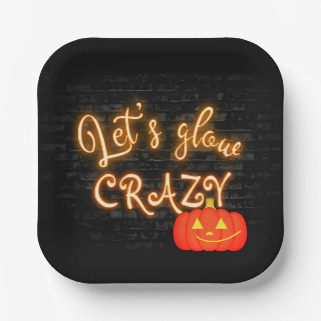 Halloween Pumpkin Neon Sign on Brick Paper Plate (Front)