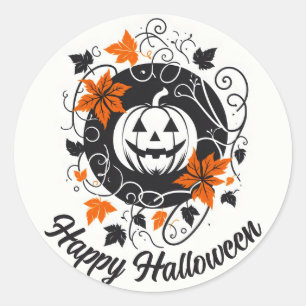 Halloween Pumpkin Orange Black White Classic Round Sticker