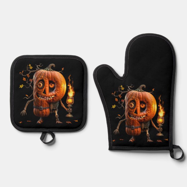 Halloween Pumpkin Oven Mitt & Pot Holder Set (Front)