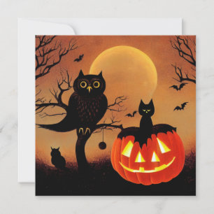Halloween pumpkin, owl and cat at night. card