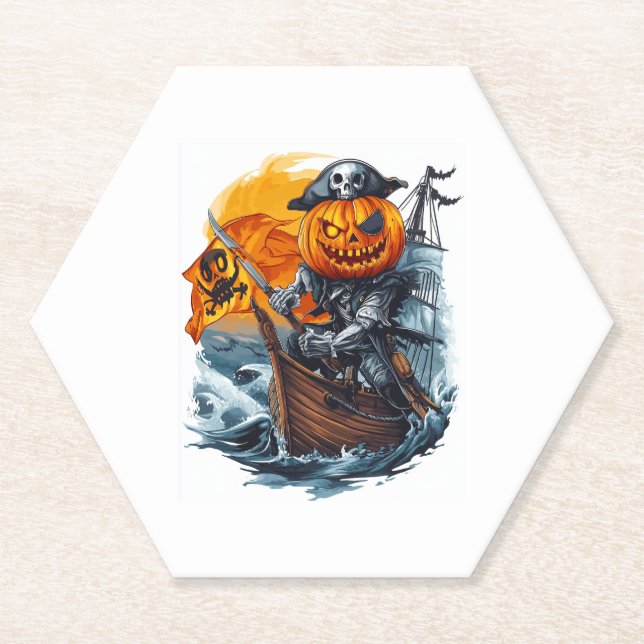 Halloween Pumpkin Pirate Adventure Paper Coaster (Front)