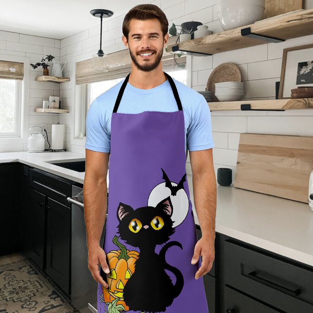Halloween Pumpkin Purple Black Cat Apron (Creator Uploaded)