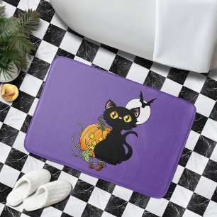 Halloween Pumpkin Purple Black Cat Bath Mat