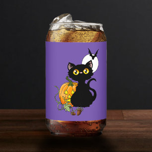 Halloween Pumpkin Purple Black Cat Can Glass