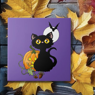 Halloween Pumpkin Purple Black Cat Ceramic Tile