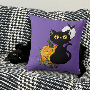 Halloween Pumpkin Purple Black Cat Cushion