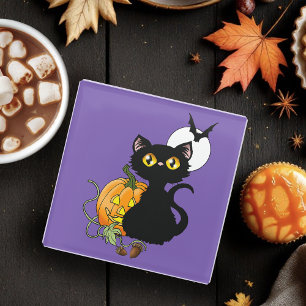 Halloween Pumpkin Purple Black Cat Glass Coaster