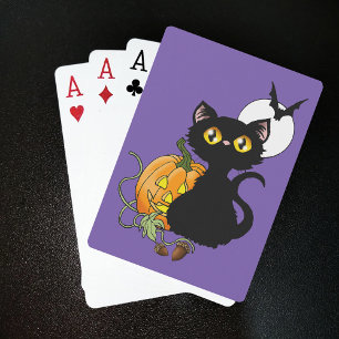 Halloween Pumpkin Purple Black Cat Playing Cards