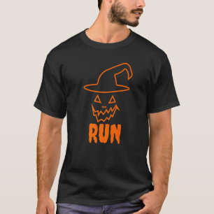 Halloween Pumpkin Run Funny Face And Witch Hat Fun T-Shirt