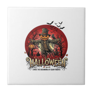 Halloween Pumpkin Scarecrow Raven Bats_1 Ceramic Tile