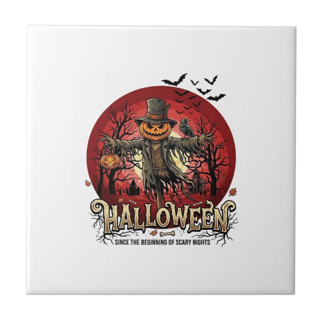 Halloween Pumpkin Scarecrow Raven Bats_1 Ceramic Tile (Front)