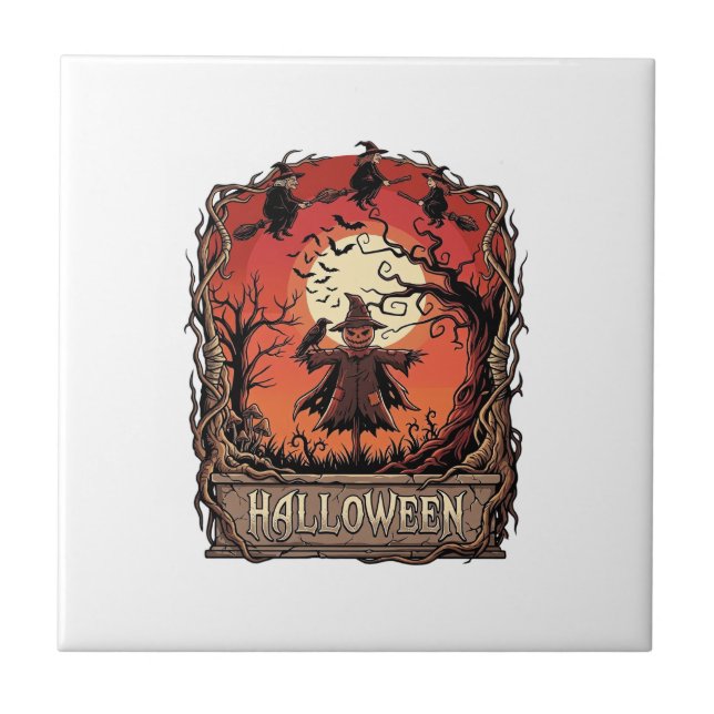 Halloween Pumpkin Scarecrow Witches Full Moon_1 Ceramic Tile (Front)