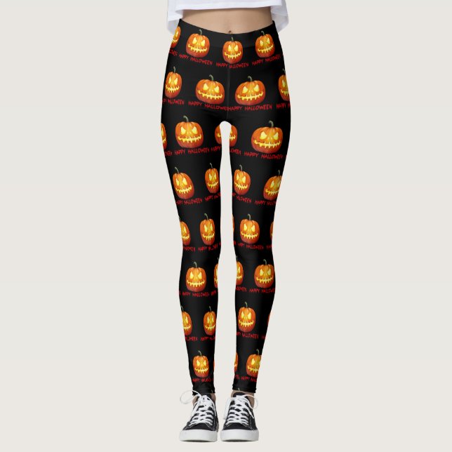 Halloween Pumpkin Scary Cute Pattern Orange Fall Leggings (Front)