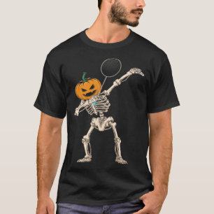 Halloween Pumpkin Skeleton Badminton Dabbing T-Shirt