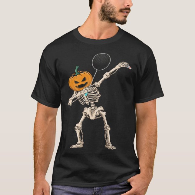 Halloween Pumpkin Skeleton Badminton Dabbing T-Shirt (Front)