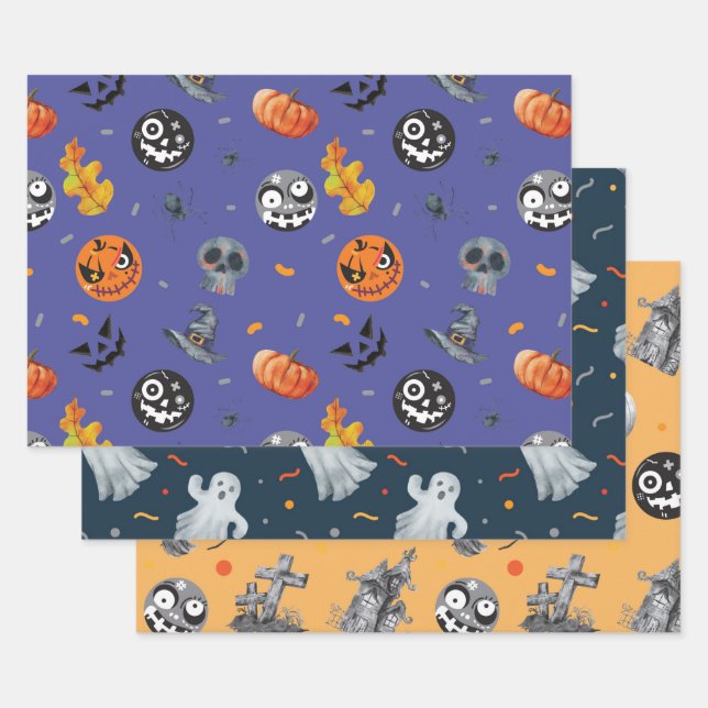 Halloween Pumpkin Skeleton Haunted House Graveyard Wrapping Paper Sheet (Set)