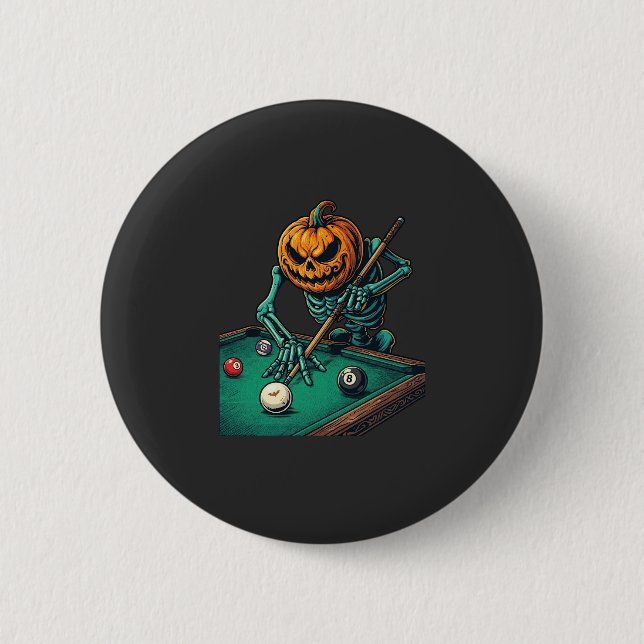 Halloween Pumpkin Skeleton Playing Pool Billiards  6 Cm Round Badge (Front)