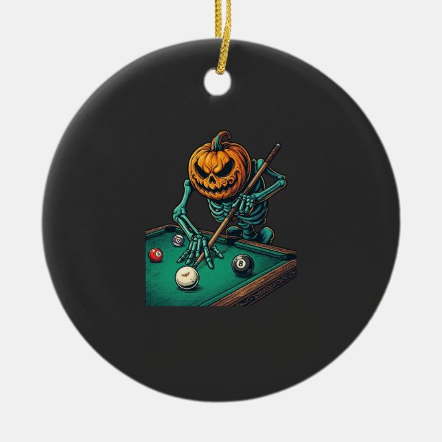 Halloween Pumpkin Skeleton Playing Pool Billiards  Ceramic Ornament (Front)