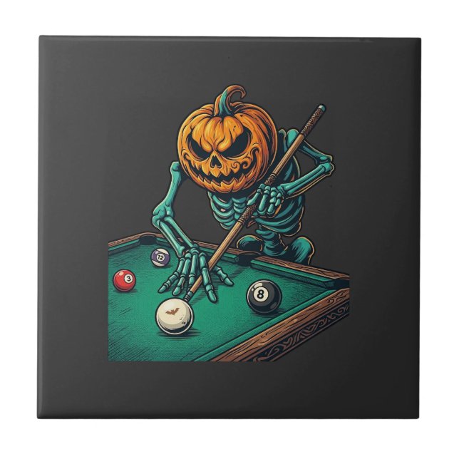 Halloween Pumpkin Skeleton Playing Pool Billiards  Ceramic Tile (Front)