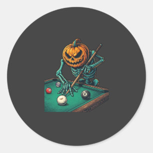 Halloween Pumpkin Skeleton Playing Pool Billiards Classic Round Sticker