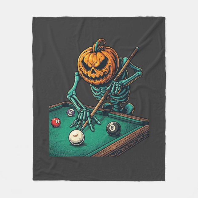 Halloween Pumpkin Skeleton Playing Pool Billiards  Fleece Blanket (Front)