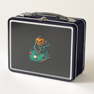 Halloween Pumpkin Skeleton Playing Pool Billiards Metal Lunch Box