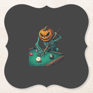 Halloween Pumpkin Skeleton Playing Pool Billiards Paper Coaster