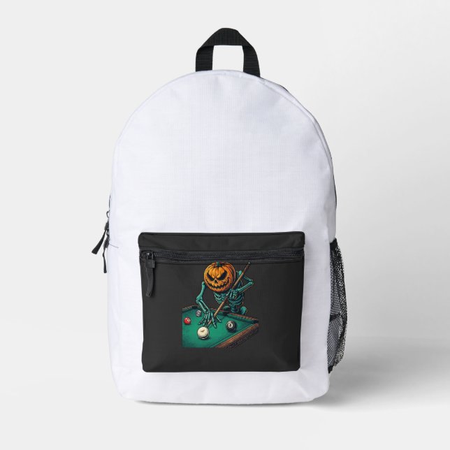 Halloween Pumpkin Skeleton Playing Pool Billiards  Printed Backpack (Front)