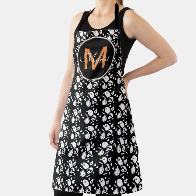 Halloween Pumpkin Skull Ghost Orange Monogram Apron (Insitu)