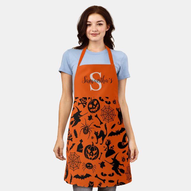 Halloween Pumpkin Skull Witch Spider Bat orange Apron (Worn)