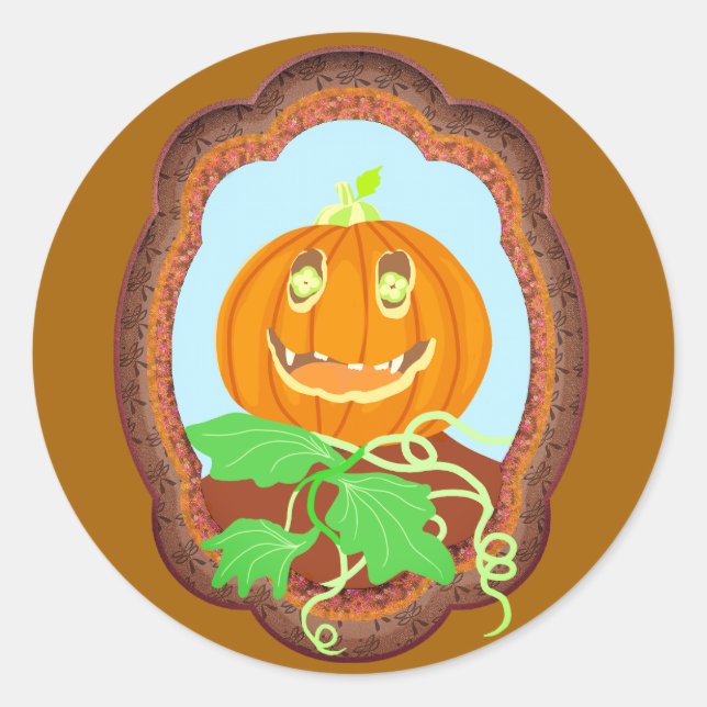 Halloween pumpkin smiling whimsical and spooky classic round sticker (Front)
