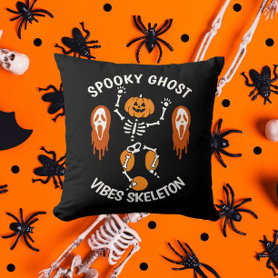 Halloween Pumpkin Spooky Ghost Skeleton Black Cushion