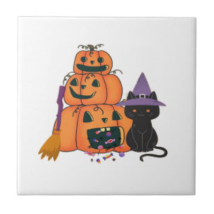Halloween Pumpkin Stack with Black Cat, Candy & Mo Ceramic Tile