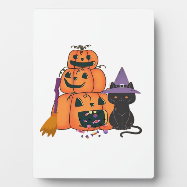 Halloween Pumpkin Stack with Black Cat, Candy & Mo Plaque (Front)