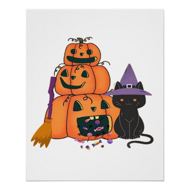 Halloween Pumpkin Stack with Black Cat, Candy & Mo Poster (Front)