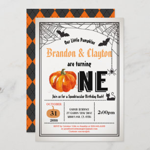 Halloween pumpkin twins 1st first birthday party invitation