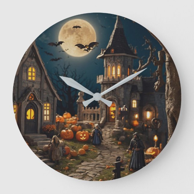 Halloween Pumpkin Village Large Clock (Front)