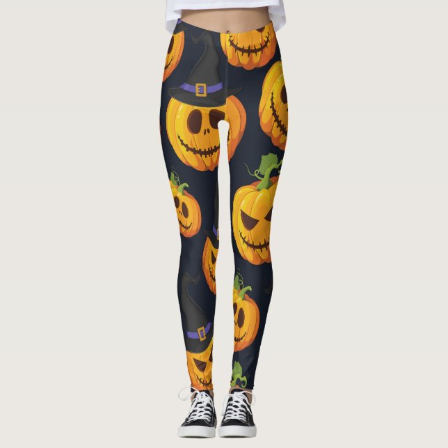 Halloween Pumpkin: Vintage Witch Pattern Leggings (Front)