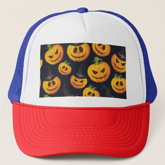 Halloween Pumpkin: Vintage Witch Pattern Trucker Hat (Front)